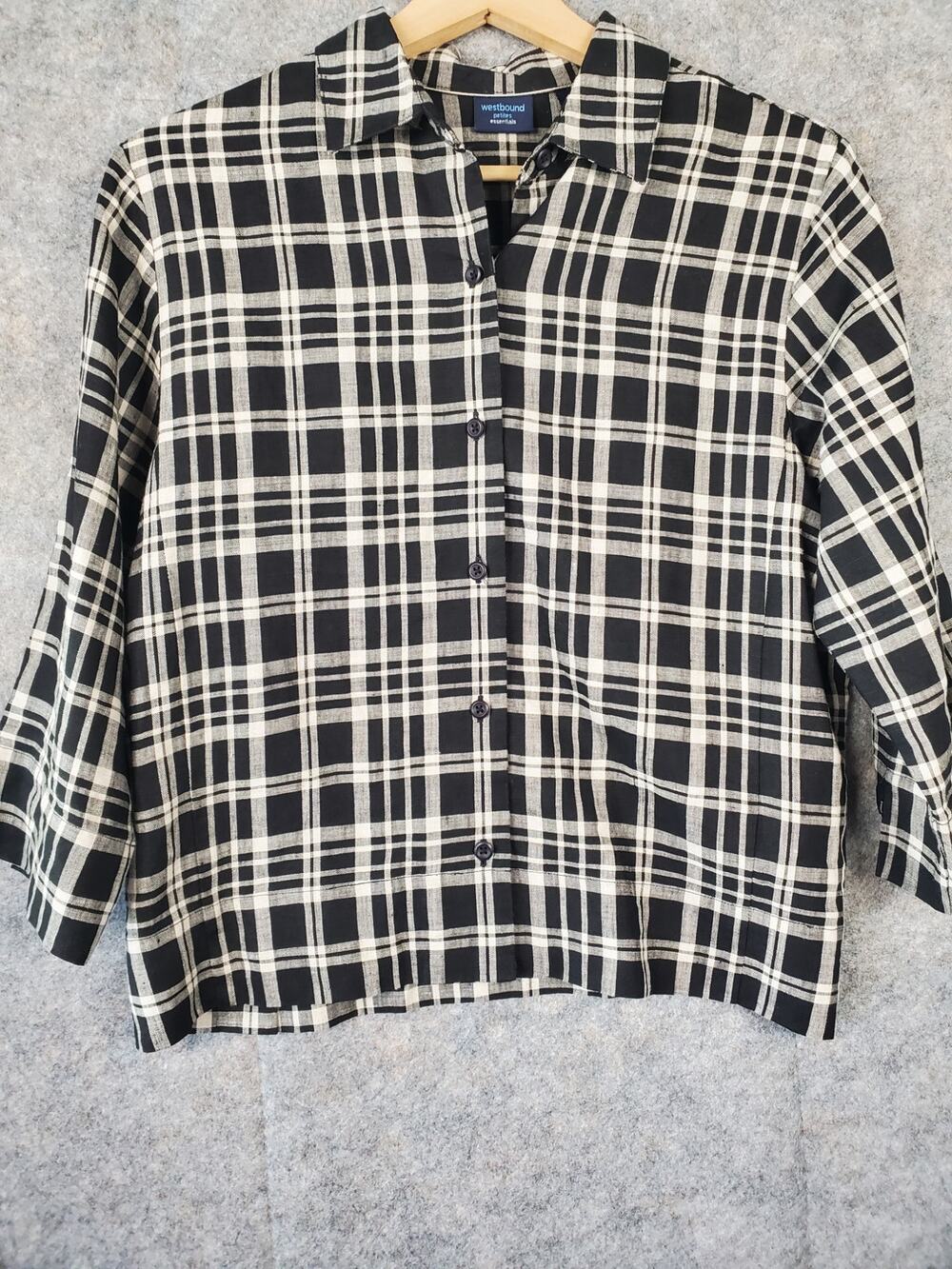 Women's Westbound Petite Essentials 6P Black & White Plaid Cropped Linen Blouse